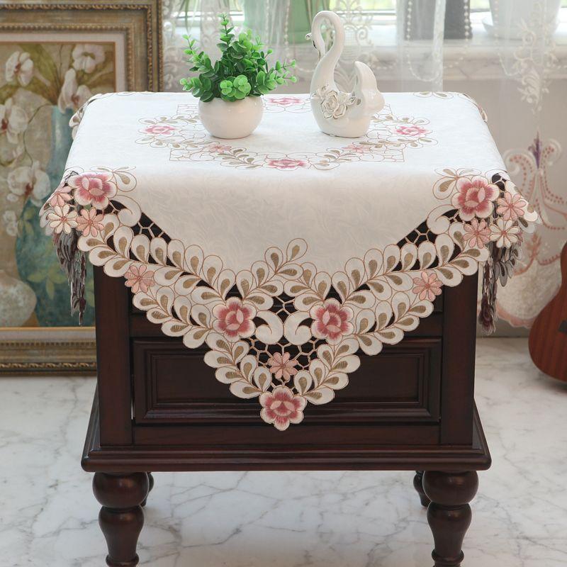 

European Lace Fabric Craft Cut Out Lace Bedside Table White Square Tablecloth Cover Dust Cover Multi-Purpose Cover Cloth Air Conditioner Cover Pink 6732 Small size (56*56cm)* 1