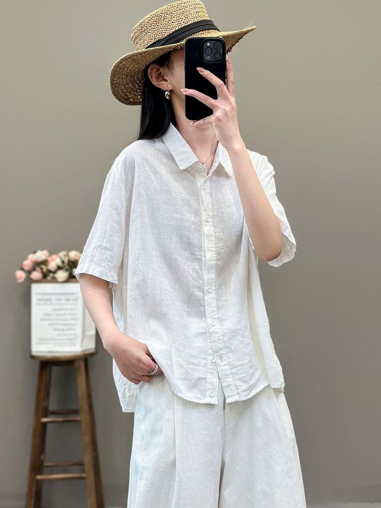 Women's Retro-Style Cotton & Linen Five-Sleeve Lapel Shirt for Spring/Summer