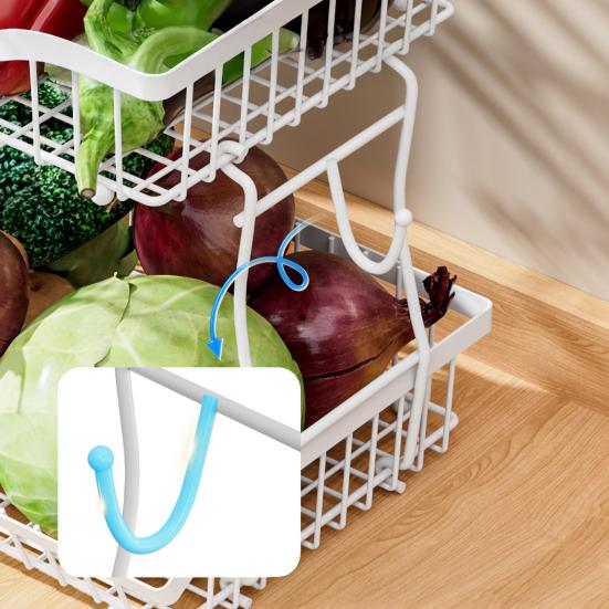 Košík na ovoce Kuchyňský úložný regál s dřevěnými rukojeťmi Dvouvrstvý design Velká kapacita Koš na zeleninu a ovoce s držáky na banány