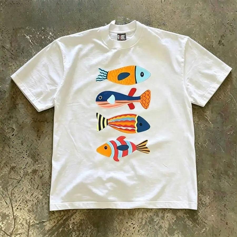 Handdrawn Bright Multicolor Stacked Fish Illustration Frontchest Graphic Print Oversized Crew Neck Short Sleeve Vintage Aesthetic