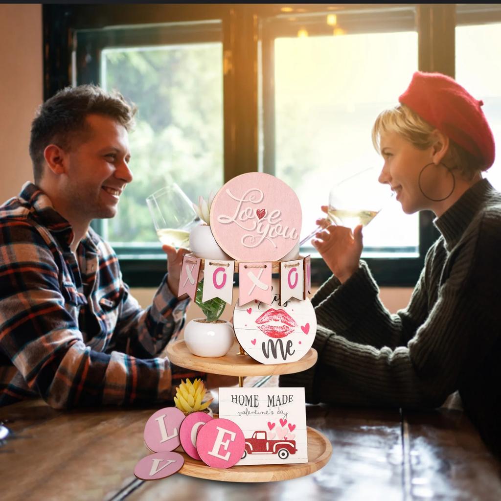 Valentine's Day Tiered Tray Decor Set Wooden Valentine Table Signs Love Heart Rustic Tiered Tray Decoration For Home Tabletop Kitchen Living Room Deco