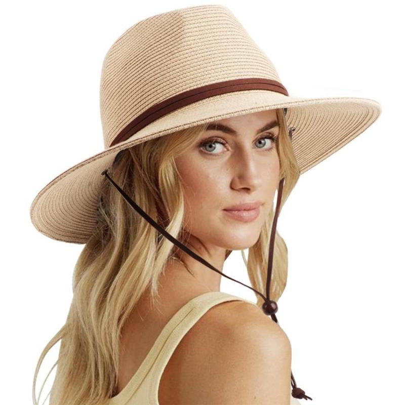 Breathable Paper Straw Panama Hat with Adjustable Chin Strap and Wide Brims Sun Protections for Women Vacation and Trip