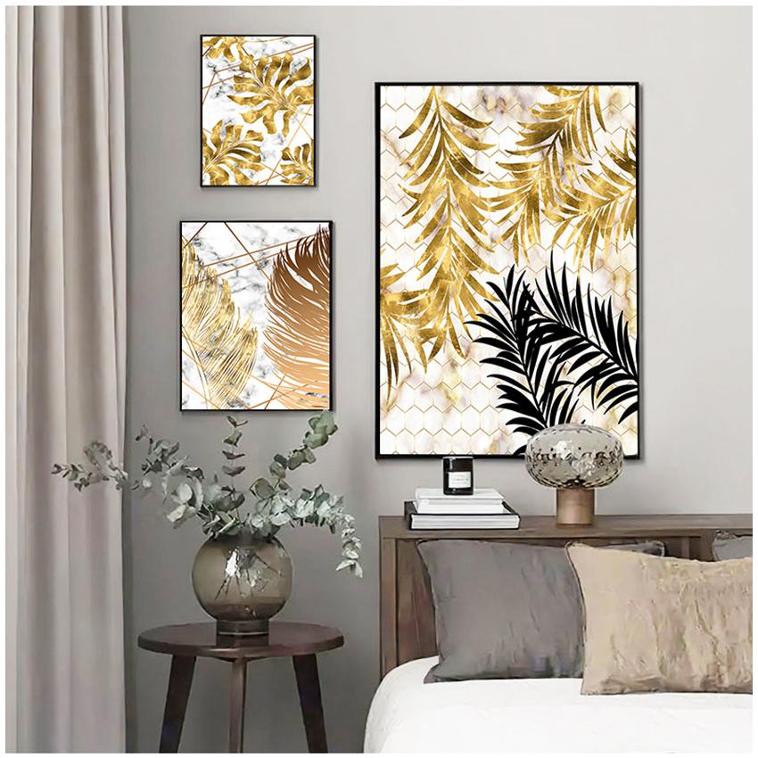 Imagem Parede Sala de estar Quarto Decoração Estilo Nórdico Planta Folhas Douradas Tela Pintura Decorativa Arte Abstrata Impressão