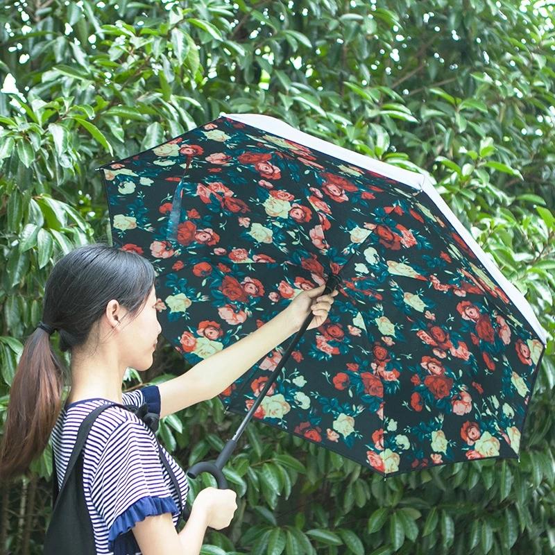 JPZYLFKZL Free Style Creative Long Shank Double Layer Inverted Umbrella Windproof Reverse C-Hook Male Golf Umbrella Reverse