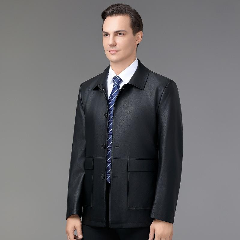 Novas jaquetas de couro de pele de carneiro para outono e inverno para homens, jaquetas casuais de couro de meia-idade, jaquetas masculinas elegantes com gola alta