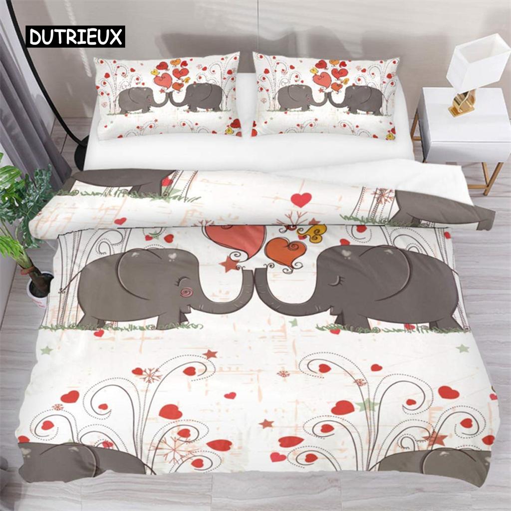 Kids Cartoon Elephant Duvet Cover Lovely Animal Theme Bedding Set Full For Girls Boys Kawaii Room Decor Microfiber Quilt Cover