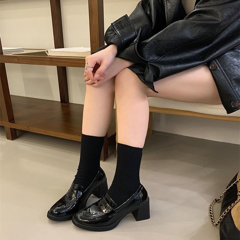 Black uniform small leather shoes women's 2025 spring new British style round head thick heel, one-pedal loafers