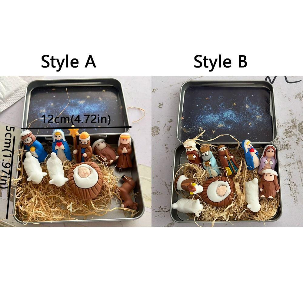 Metal Tin Box Mini Christmas Trough Set Holy Family Christmas Figurines Bedside Table