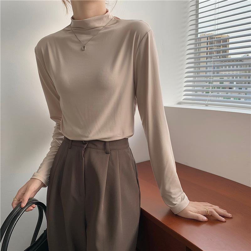 

Осенний однотонный облегающий базовый топ для девочек, теплый с длинными рукавами и полувысоким воротником ONE SIZE бежевый