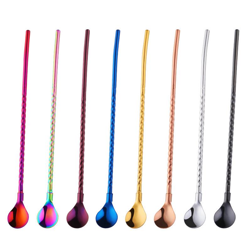 1Pc Reusable Long Straw Spoon Multicolor Stainless Steel Straws Scoop Bar Cocktail Coffee Stirring Drinking Spoon