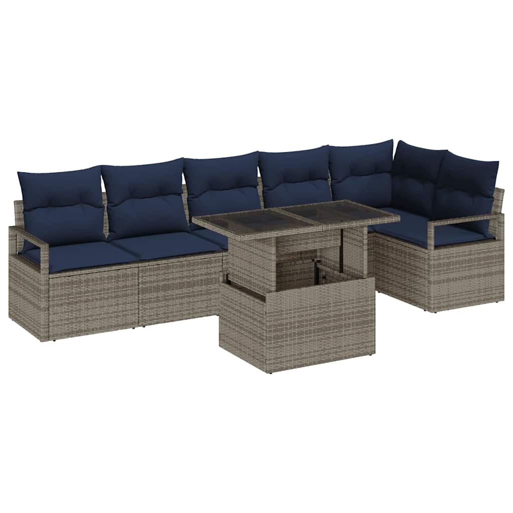 7 Piece Garden Sofa Set with Cushions Gray and Navy Blue Poly Rattan