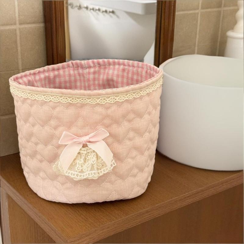 Cute Love Heart Storage Box Quilting Cotton Bow Desktop Storage Basket Large-Capacity Round Storage Frame Home Decoration