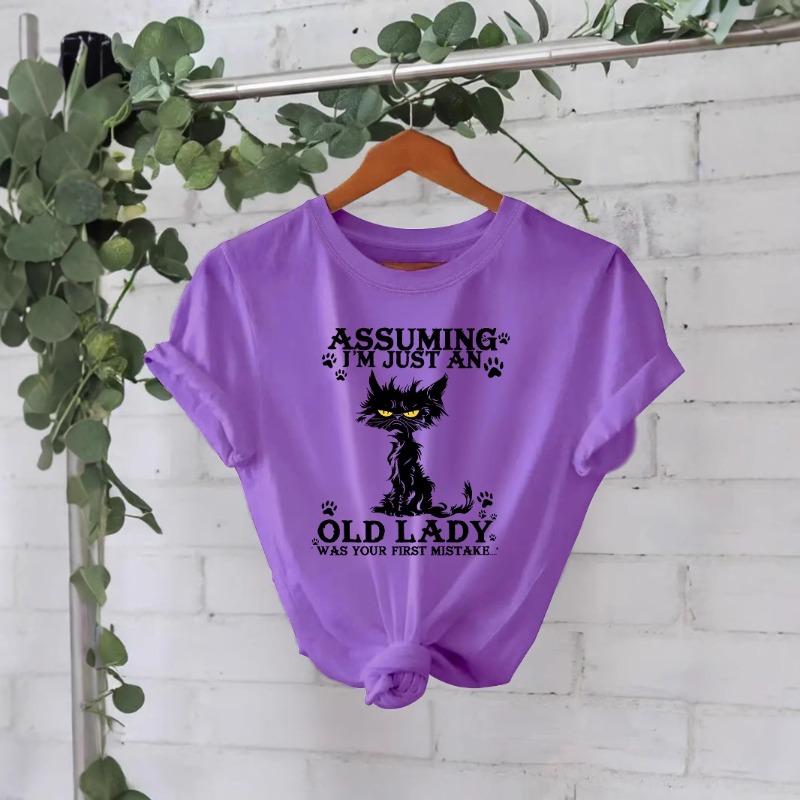 Rundhals Schwarze Katze Bedruckt Reines Baumwoll-Top Damen T-Shirt