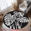1pc Non-slip Round Mat - Machine Washable, Black with White Tropical Leaves Pattern, Suitable for Living Room, Bedroom
