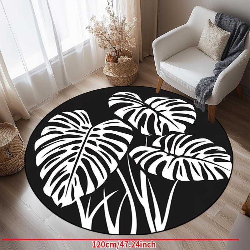 

1pc non-slip round mat - machine washable, black with white tropical leaves pattern, suitable for living room, bedroom 100x100cm