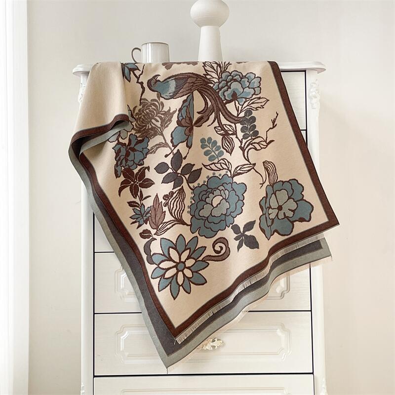 

Autumn and winter new imitation cashmere retro and elegant style thickened warm scarf bird flowers send mother shawl outside 190x65cm