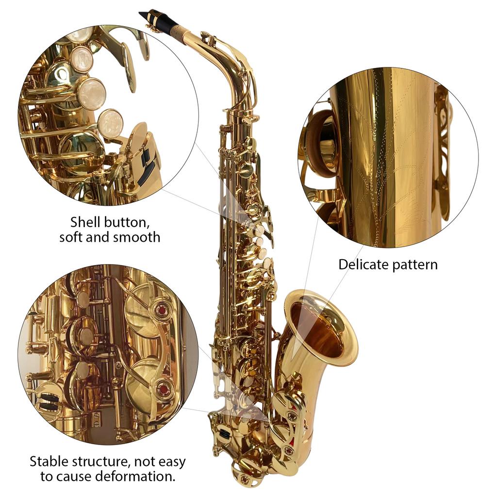 Golden Eb Alto Saxophone Sax Brass Body White Shell Keys Woodwind Instrument with Carry Case Gloves