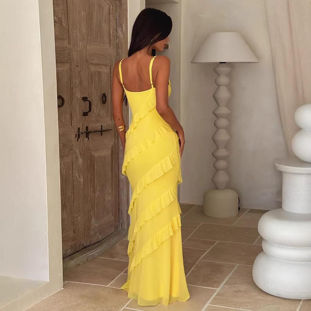 Spring/Summer Sexy Halter Suspender V-Neck Shoulder Slim Side Slit Dress Long Dress