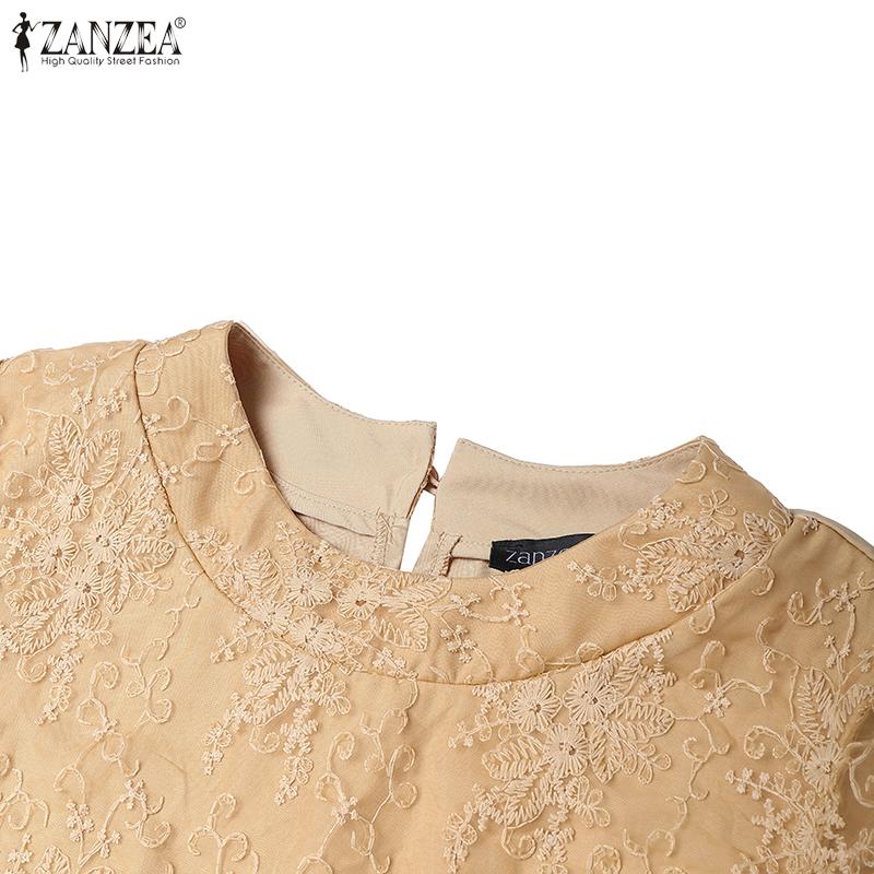 ZANZEA Women Casual Round Neck 3/4 Sleeve Loose Lace Patchwork Blouse
