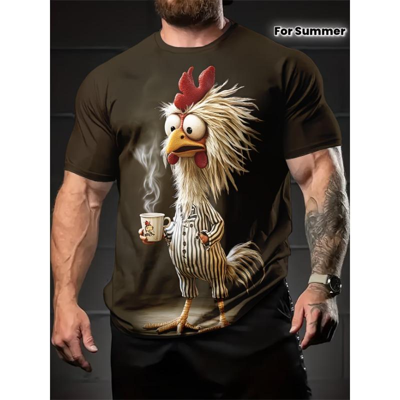 Funny Coffee Chicken T-shirt Men 3D Cartoon Rooster Print Short Sleeve Casual Summer