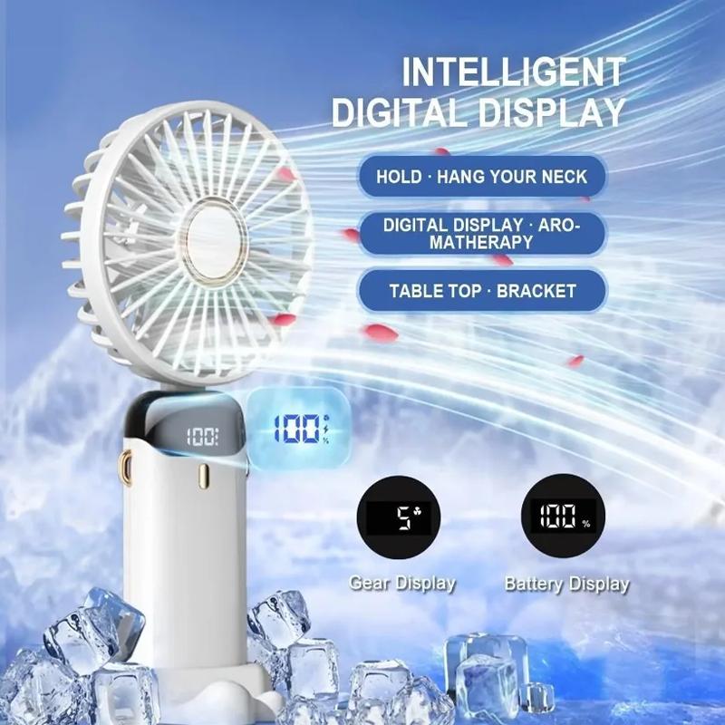 Handheld Mini Fan 3000mAh Foldable Portable Neck Hanging Fans 5 Speed USB Rechargeable Fan with Phone Stand and Display Screen