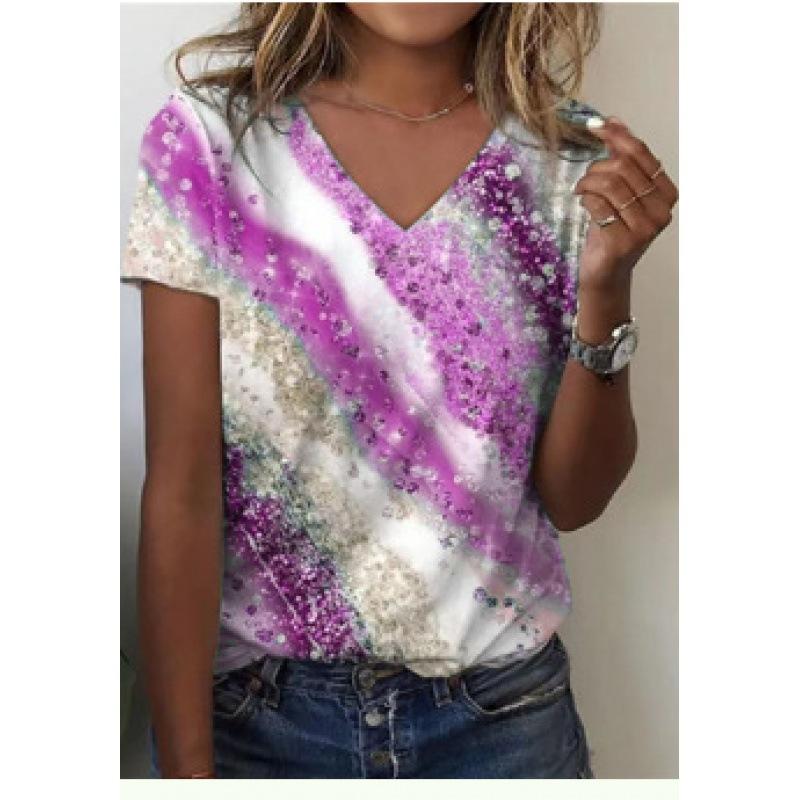 

Женская футболка с V-образным вырезом, повседневная, с коротким рукавом, с 3D цифровой печатью, женский имитированный хлопок L