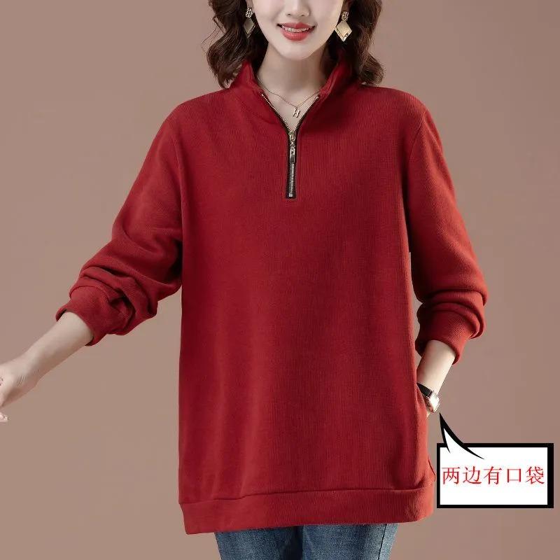 Dámská mikina z čisté bavlny bez kapuce na podzim a zimu Nové ležérní módní šaty Tričko s dlouhým rukávem Všestranný top