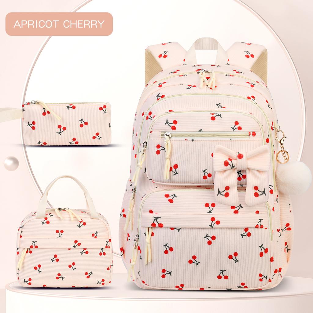 Corduroy Three-Piece Backpack Cherry Pattern Girl Heart Large Capacity Lightweight Backpack