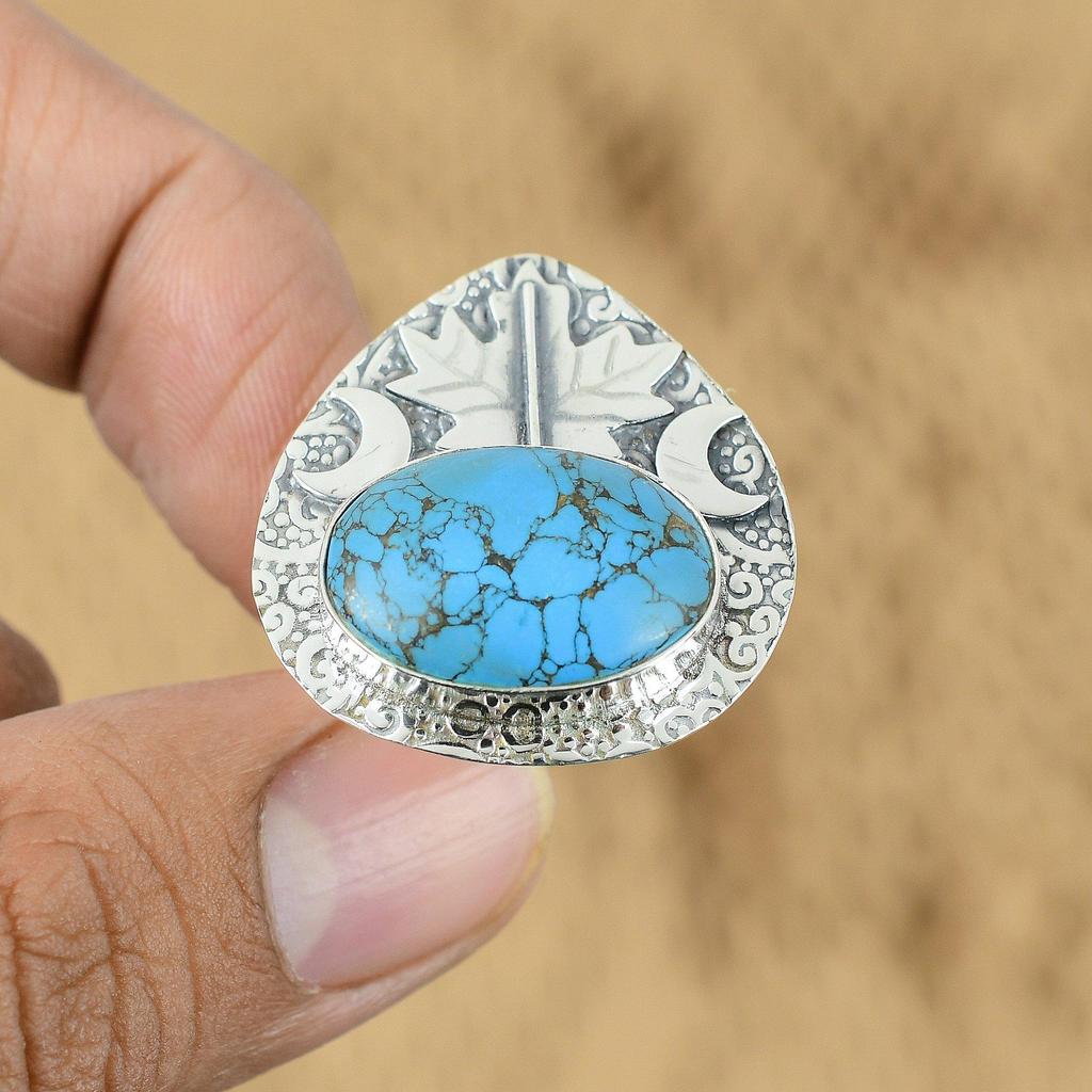 Natural Tibetan Turquoise Promise Cresent Moon Adjustable Ring 925 Silver