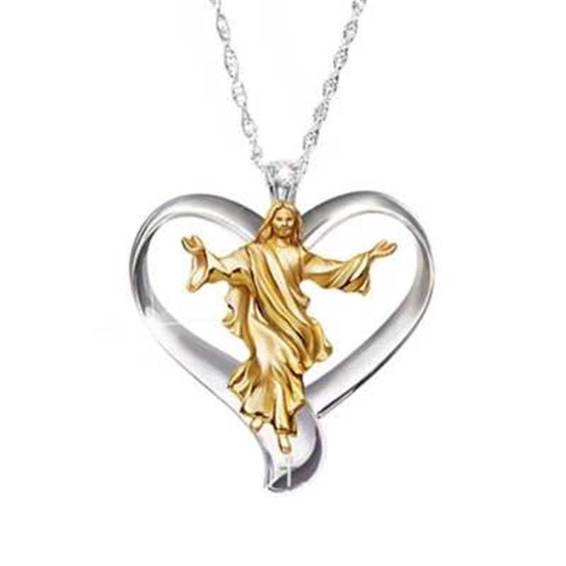 Heart-Shaped Two-Tone Cross Prayer Necklace: Double Layer Peach Heart Pendant