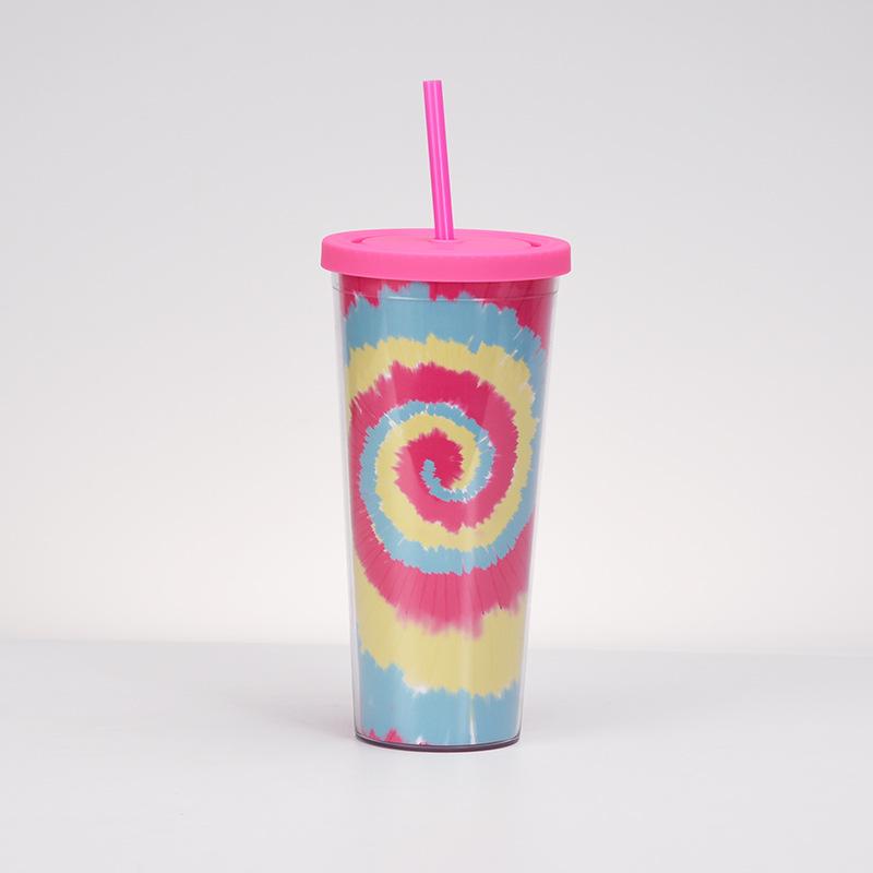 Tie-Dye Straw Cup 24Oz Double-Layer Plastic Water Cup Can Be Customized Creative Paper Card Diy