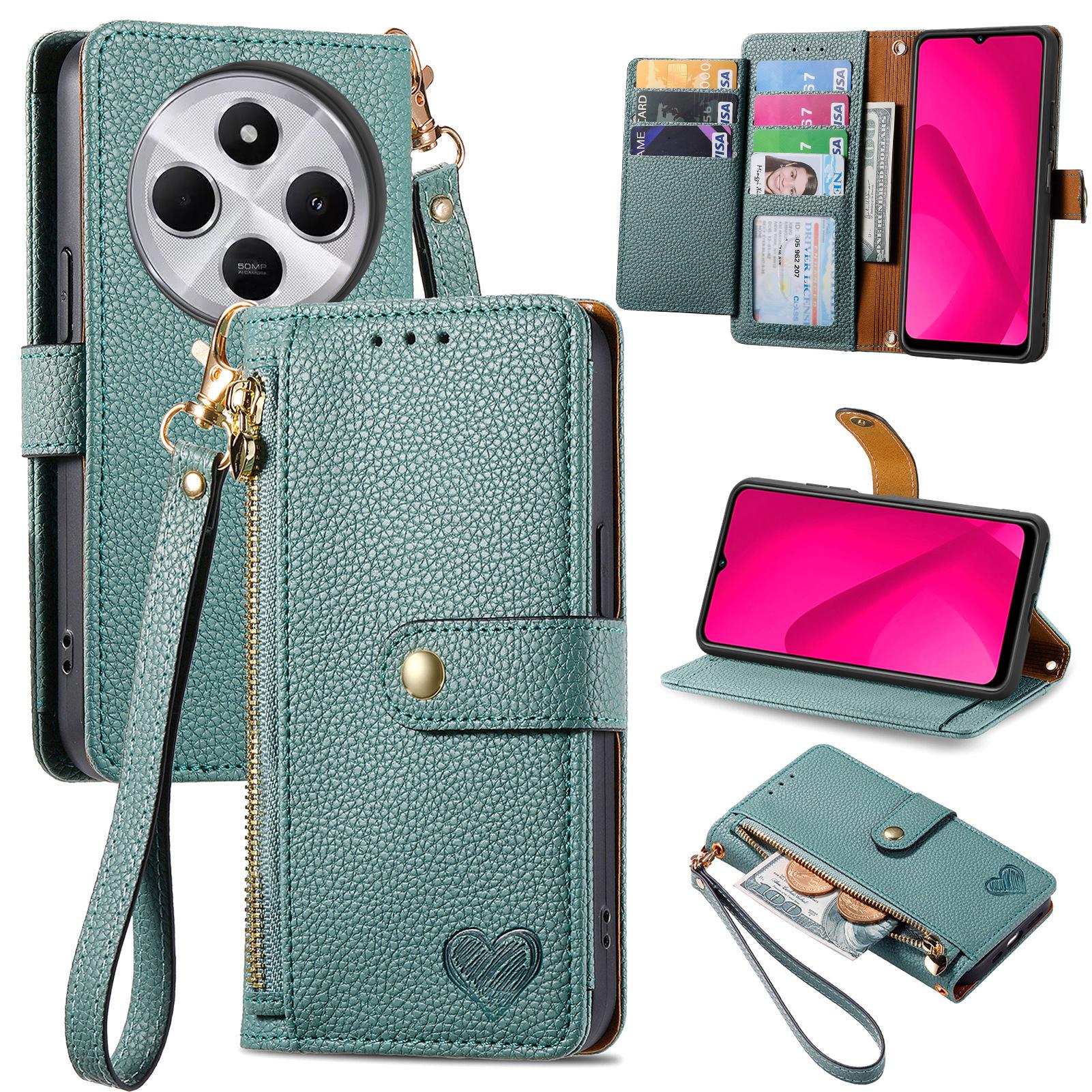 

For Xiaomi Poco C75 4G/Redmi 14R 5G/14C 4G Case RFID Blocking Zipper Pocket Leather Wallet Phone Cover Green