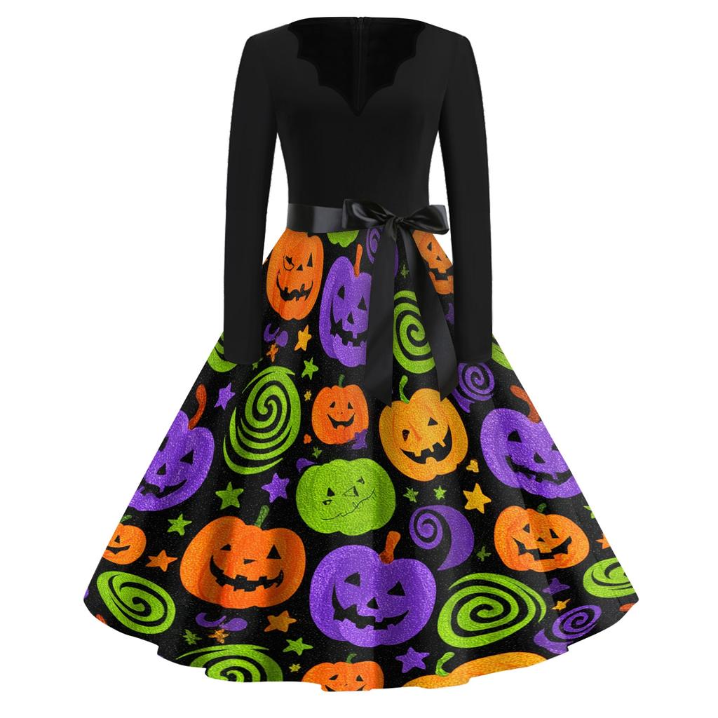 Women's Vintage V Neck Dress Long Sleeve Casual Halloween Print Retro Style Fit and Flare Midi Dress with Waist Tie and Floral Skeleton Cat Pattern