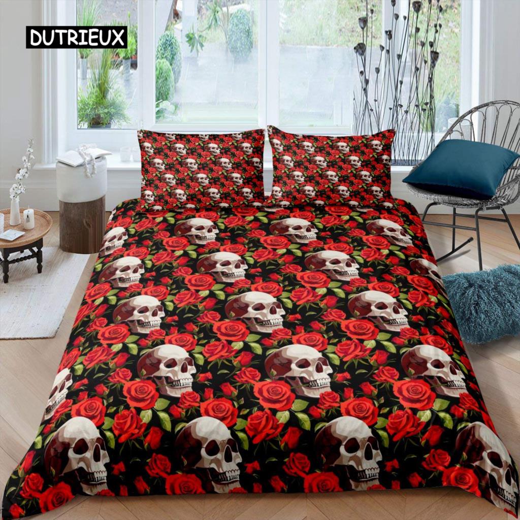 Sugar Skull Duvet Cover for Lover Sweetheart Roses Twin Bedding Set Microfiber Halloween Men Smoke Fog Horror Gothic Quilt Cover