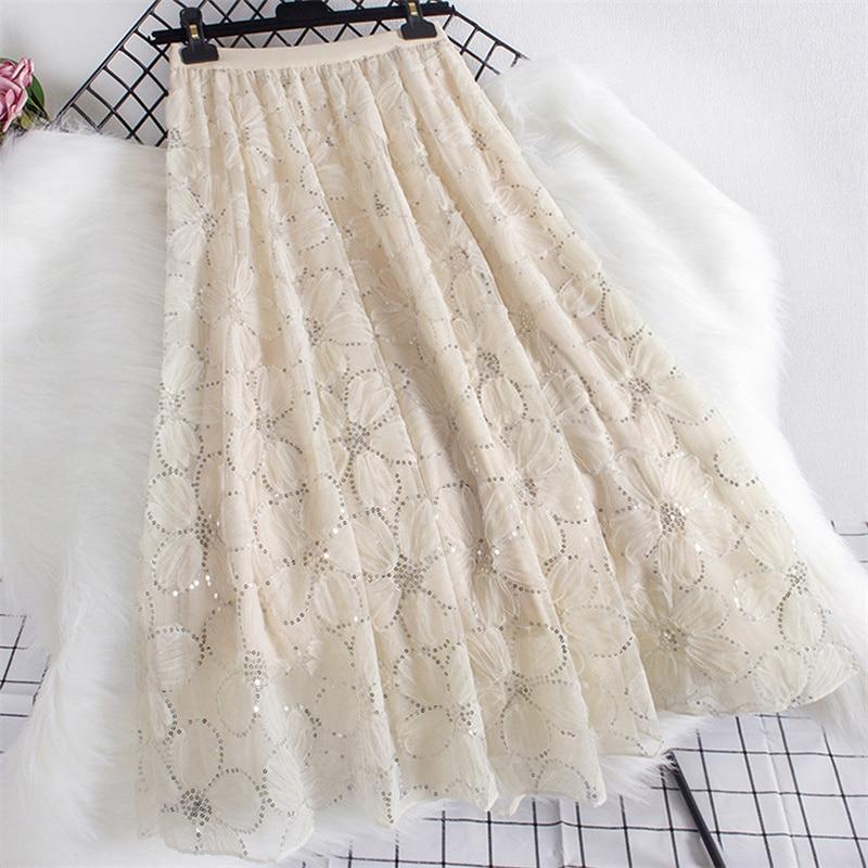 Qooth Falda tutú de malla con flores brillantes de hadas para mujer, falda larga elegante de cintura elástica de tul acampanada QT2297