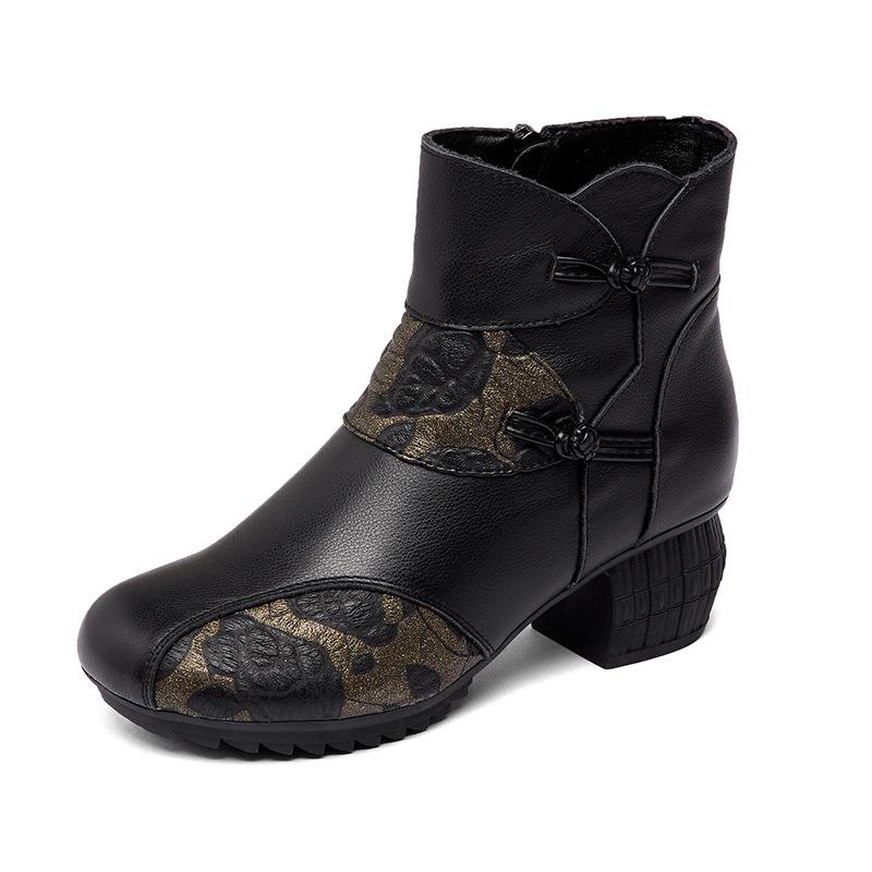 Winter retro new women's shoes wear non-slip short boots cowhide velvet cotton shoes women's Martin boots soft-soled boots