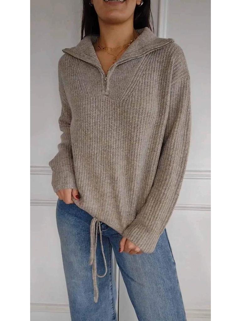 2024 Autumn Winter High Neck Drawstring Knit Sweater - European & American Style Casual Women's Pullover