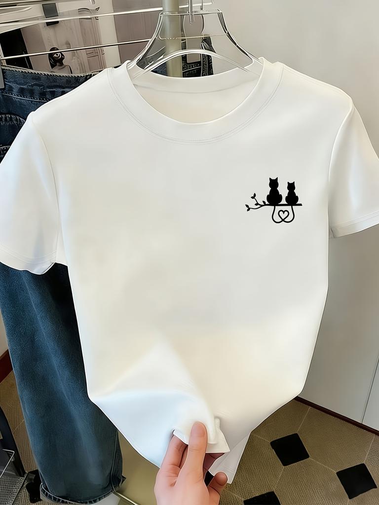 2026 Cute Cats on Branch Graphic Tee Heart Tail Short Sleeve Crewneck T-Shirt for Women Minimalist Animal Summer Aesthetic Top
