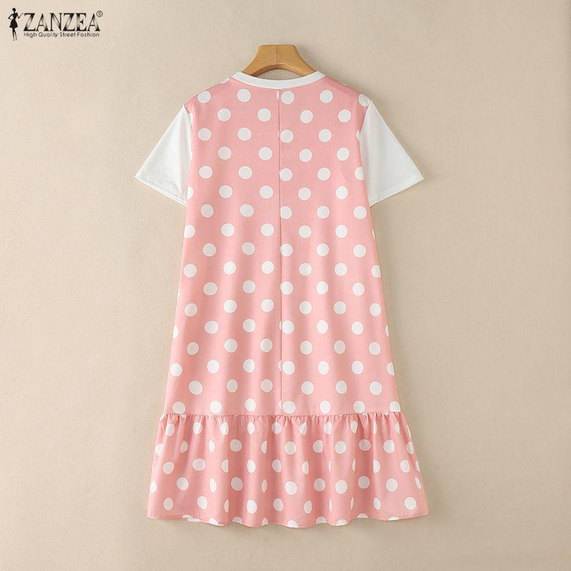 ZANZEA Women Casual Round Neck Short Sleeve Polka Dot Print Patchwork Summer Dress
