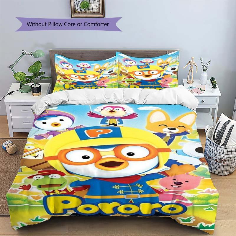 Pororo The Little Penguin Cartoon Character Print 3‑Pieces Duvet Cover Set Anime Bedding Without Pillow Core or Comforter