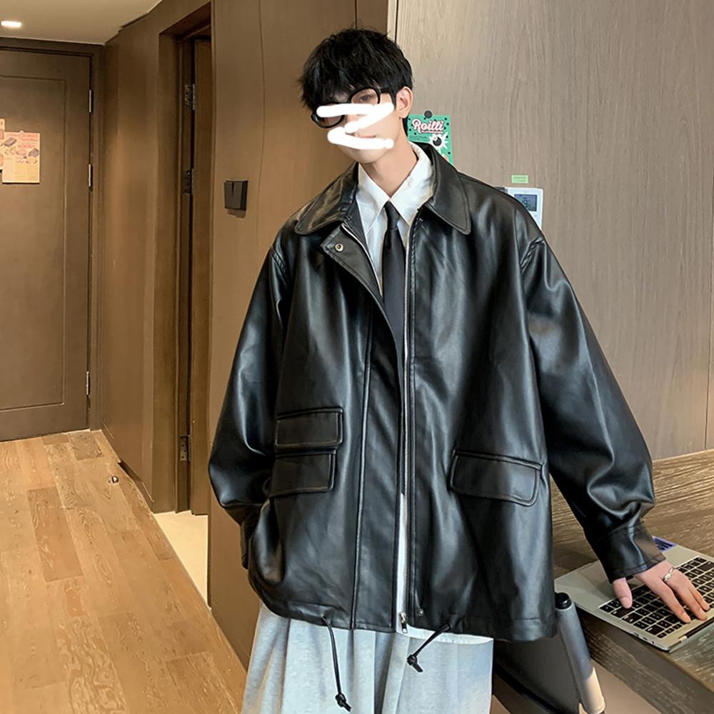 

Tooling jacket men s autumn Hong Kong style ins loose youth locomotive leather jacket trendy design jacket M