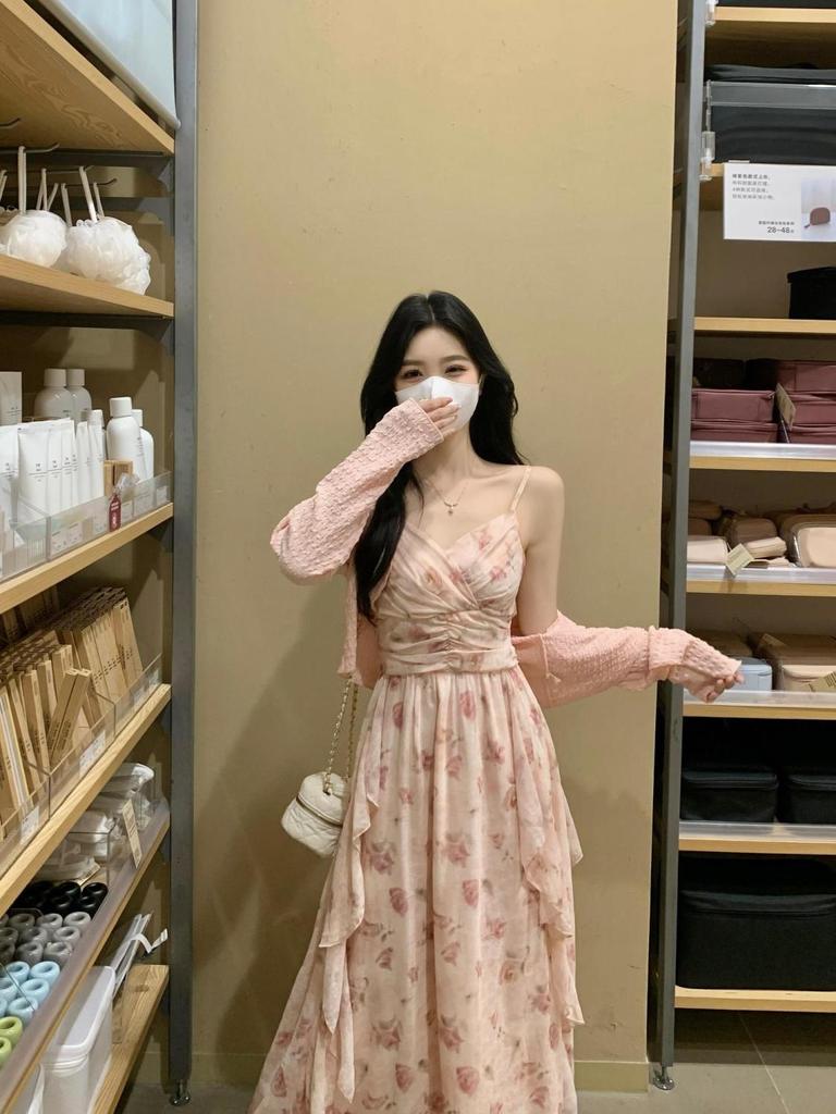 Women's 2026 Pink Floral Strappy Dress & Cardigan Set for Spring/Summer