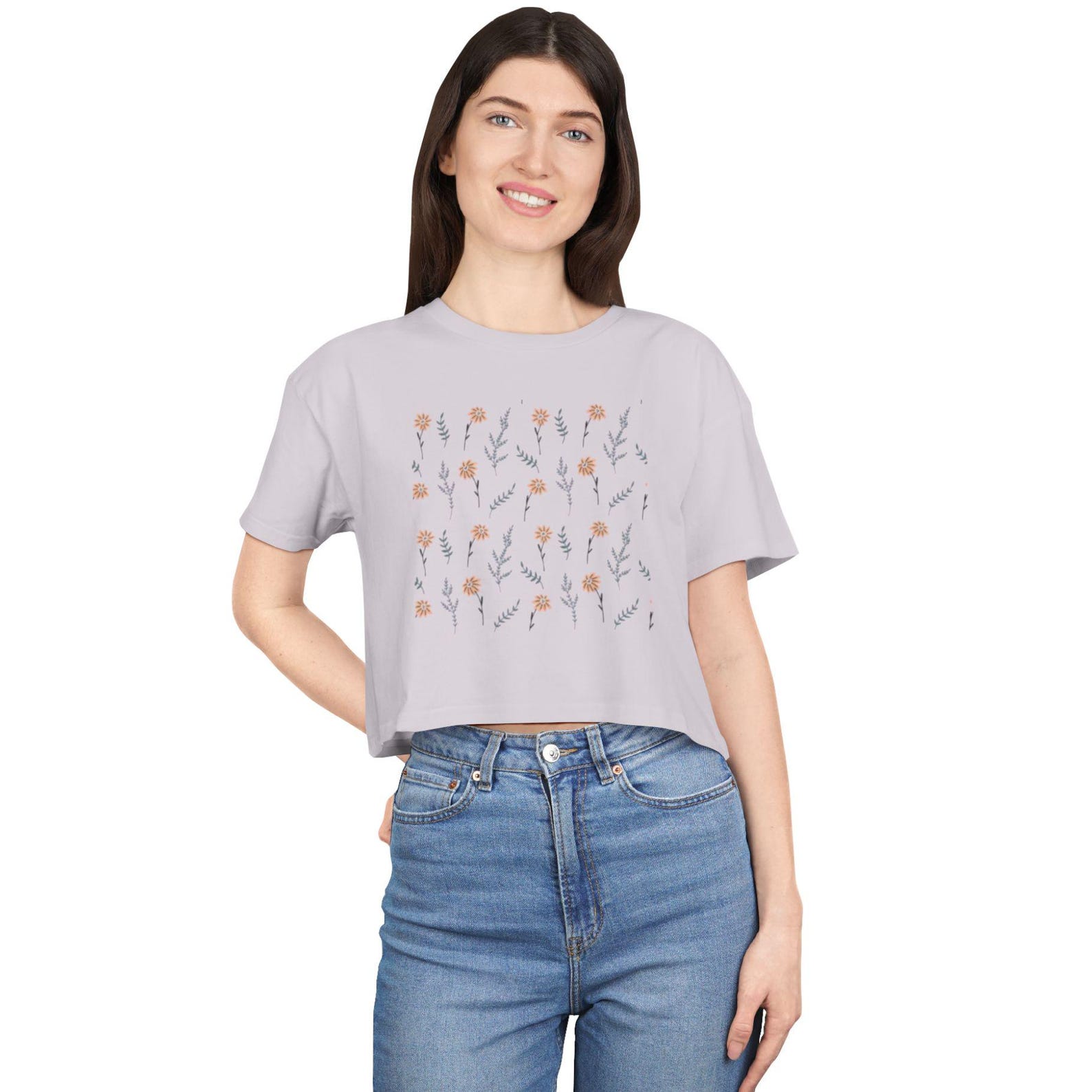 Dainty Wildflower Pattern Crop Tee | Minimal Floral Spring Top L