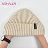 SOMALER Strickmütze aus Wollmischung für Damen, grob gestrickte Wintermützen mit schwarzem Logo, Manschettenmütze, dehnbare Skimütze