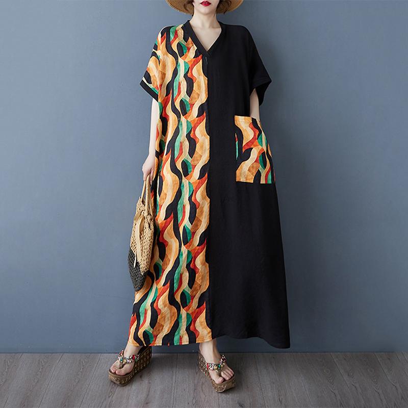 XITAO Print Patchwork Pocket Dress ZMY1085