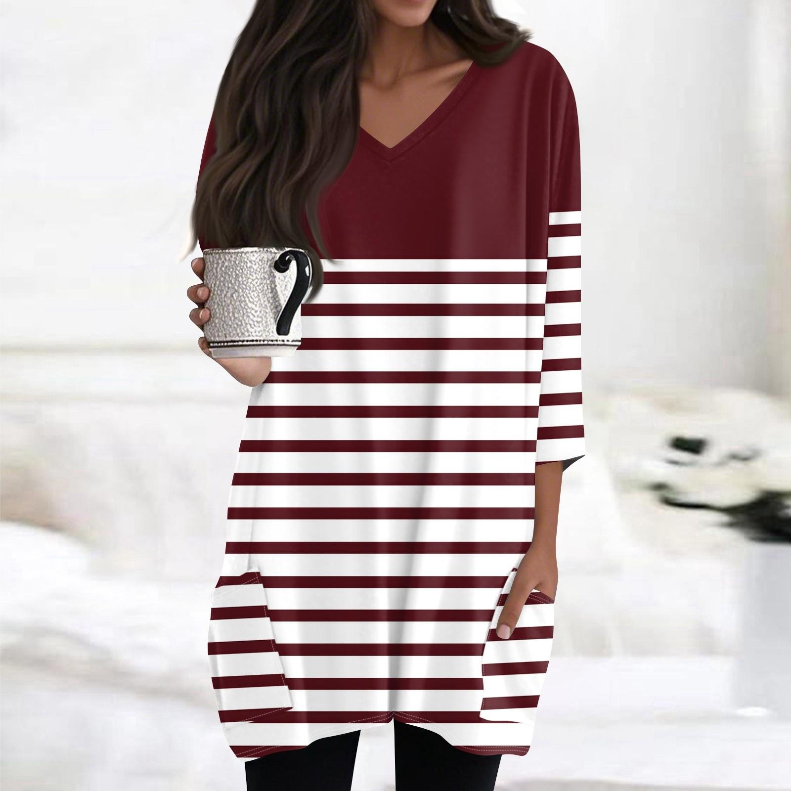 

Женские топы с V-образным вырезом и рукавом 3/4 Блузки Повседневные рубашки средней длины Модные принты Туники Топы с карманами XL винный