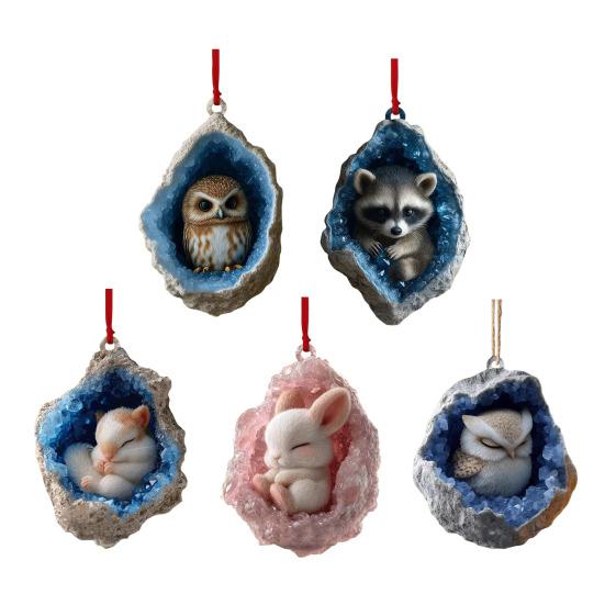 Geode Animal Christmas Ornament 2D Acrylic Crystal Cave Little Forest Animals Hanging Ornament for Xmas Tree Holiday Home Party Decor