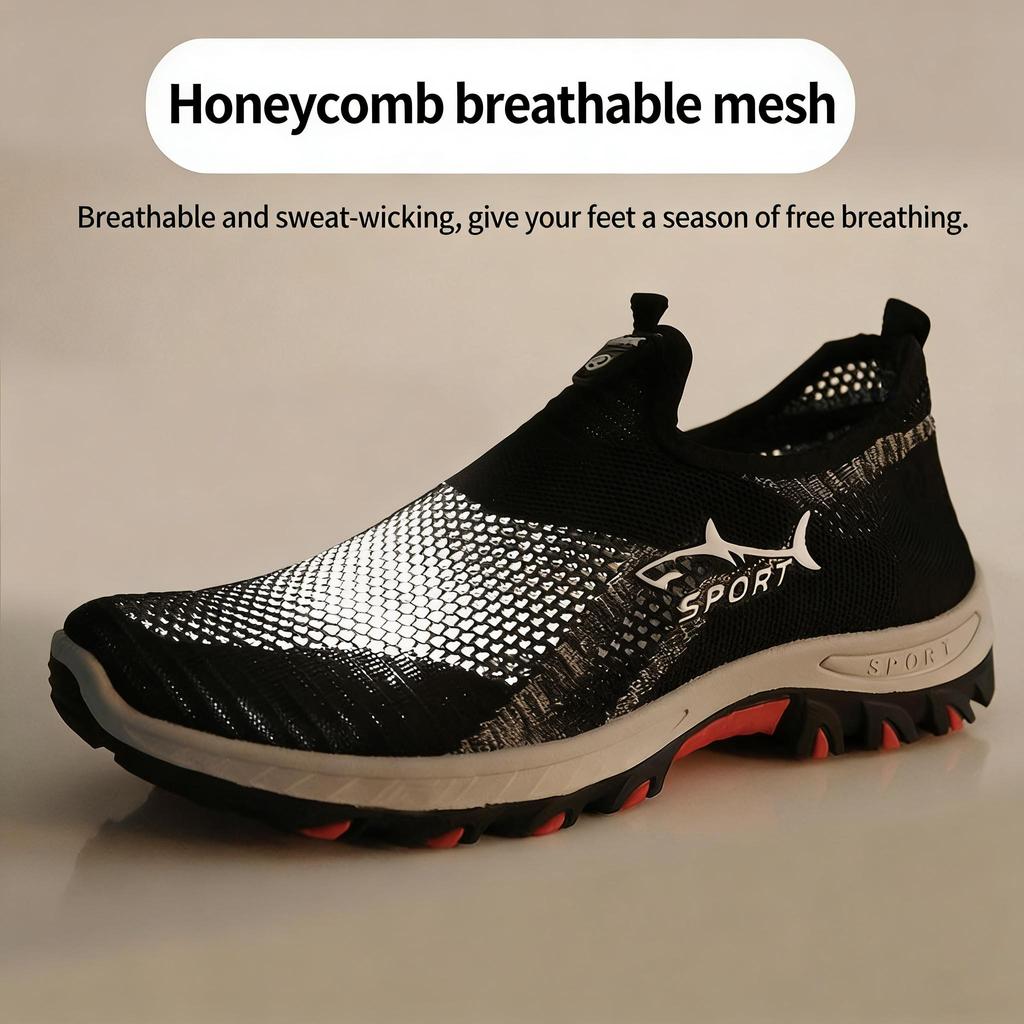 Atmungsaktive Mesh-Slip-On-Sneaker für Herren, Leichte Fly-Knit-Freizeitschuhe mit Haifischdesign, Dämpfende rutschfeste Sportschuhe für große Größen