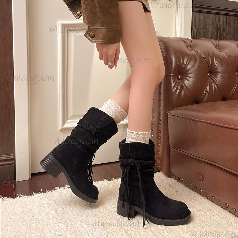 Spring Autumn New Women's Pleated Short Boots Vintage Thick Mid Heel Slip On Botas Mujer Long Fringe Black Bottes Femmes Size35