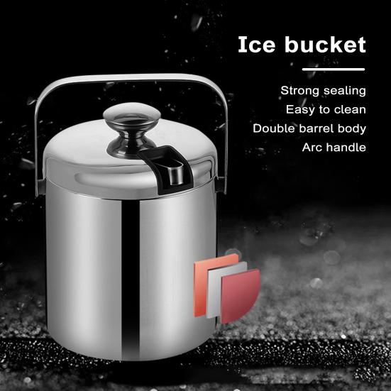 1.3L Double-Wall Ice Bucket with Lid And Tong 6-Hour Cooling Beer Chiller for Bar Home 304 Stainless Steel Insulated Ice Container